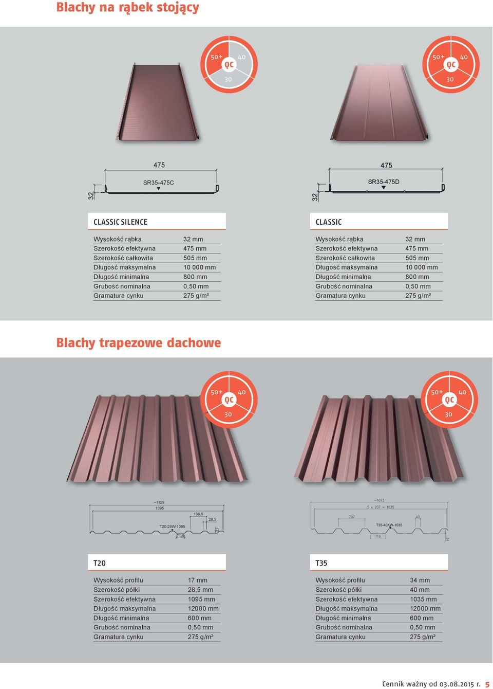 0,50 mm Grubość nominalna 0,50 mm Gramatura cynku 275 g/m² Gramatura cynku 275 g/m² Blachy trapezowe dachowe 50+ 40 QC 30 50+ 40 QC 30 ~1129 1095 T20-29W-1095 71,5 136,9 28,5 17 T20 T35 Wysokość