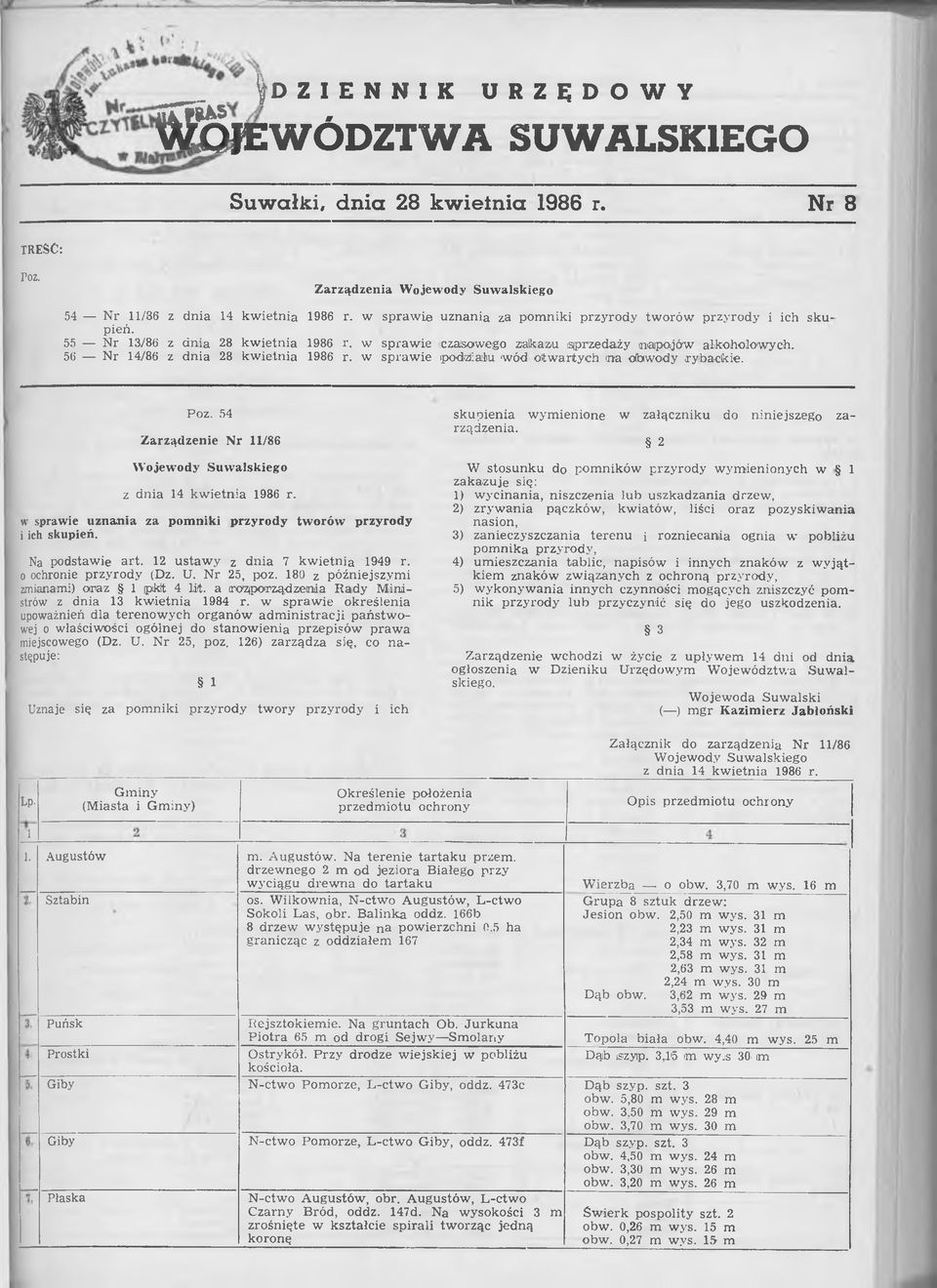 56 N r 14/86 z dnia 28 kw ietnia 1986 r. w sprawie podziału wód otwartych na obwody rybackie. Poz. 54 Zarządzenie N r 11/86 Wojewody Suwalskiego z dnia 14 kw ietnia 1986 r.