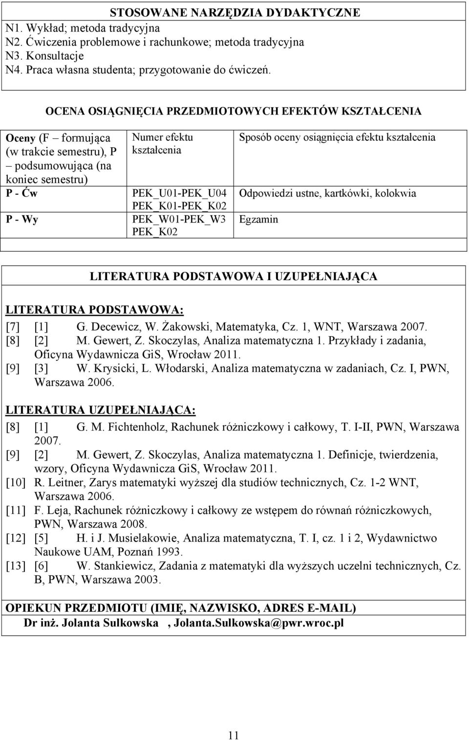PEK_K01-PEK_K0 PEK_W01-PEK_W3 PEK_K0 Sposób oceny osiągnięcia efektu kształcenia Odpowiedzi ustne, kartkówki, kolokwia Egzamin LITERATURA PODSTAWOWA I UZUPEŁNIAJĄCA LITERATURA PODSTAWOWA: [7] [1] G.