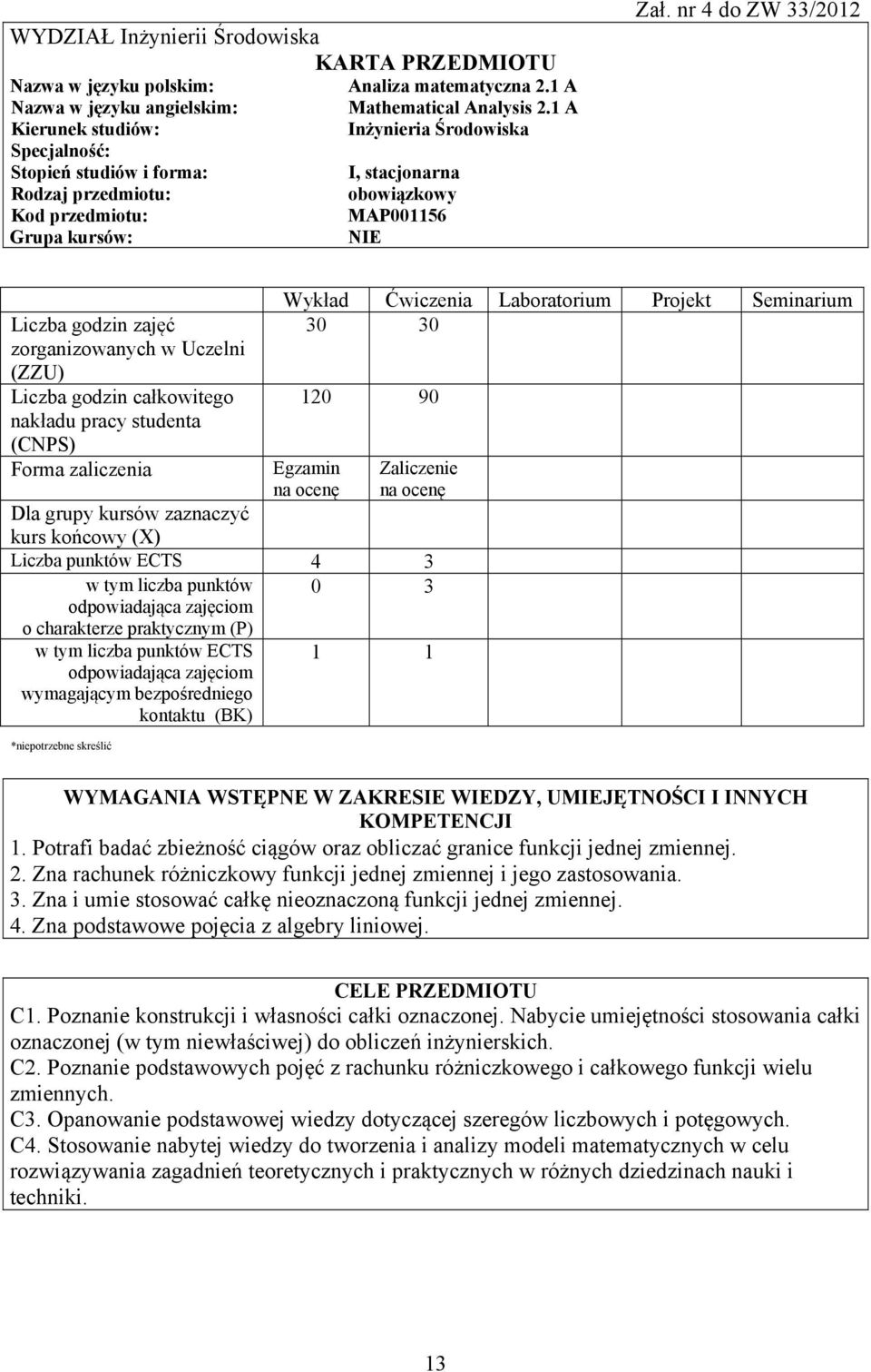 nr 4 do ZW 33/01 Liczba godzin zajęć zorganizowanych w Uczelni (ZZU) Liczba godzin całkowitego nakładu pracy studenta (CNPS) Forma zaliczenia Dla grupy kursów zaznaczyć kurs końcowy (X) Liczba