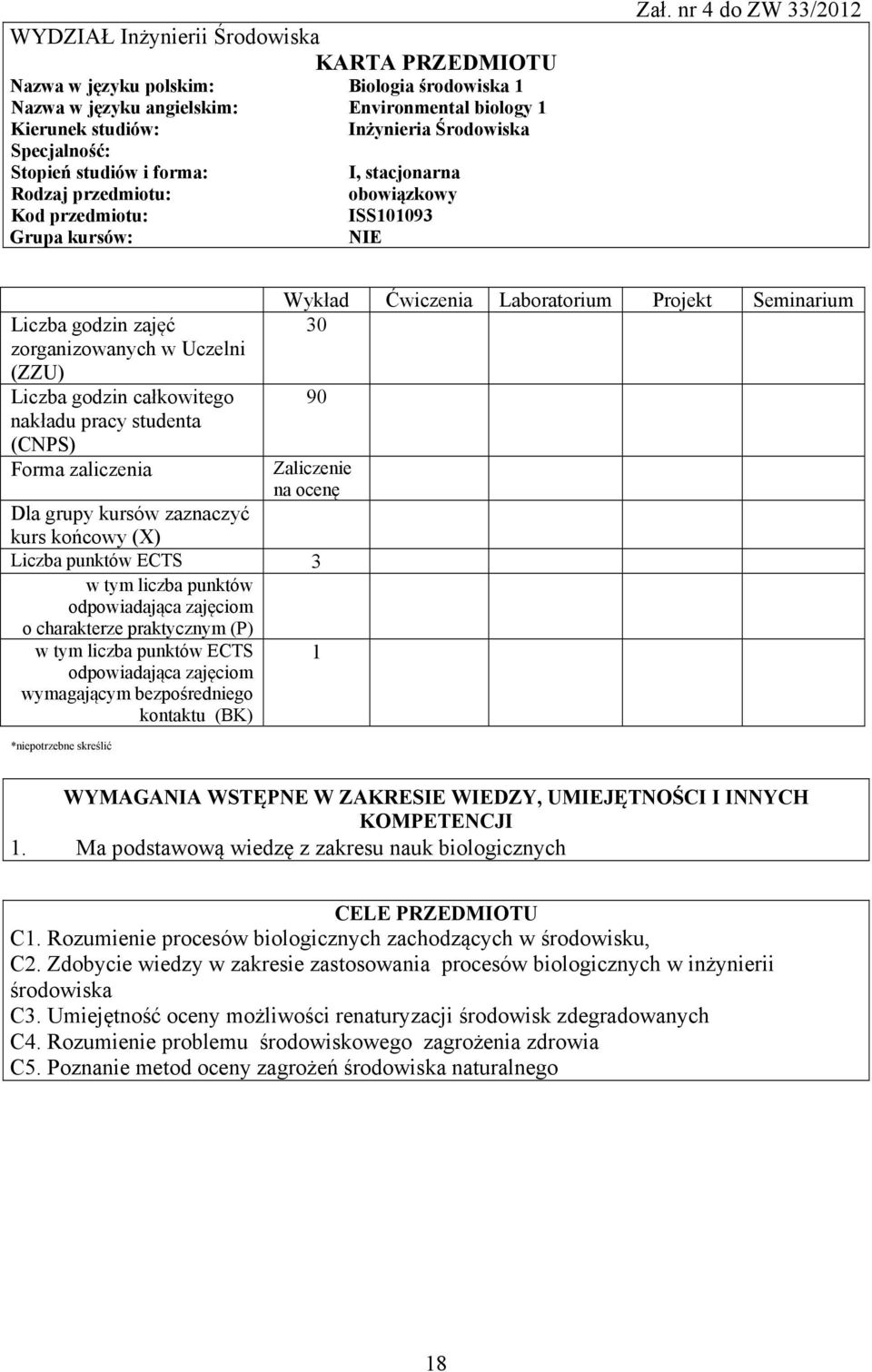 nr 4 do ZW 33/01 Liczba godzin zajęć zorganizowanych w Uczelni (ZZU) Liczba godzin całkowitego nakładu pracy studenta (CNPS) Forma zaliczenia Dla grupy kursów zaznaczyć kurs końcowy (X) Liczba
