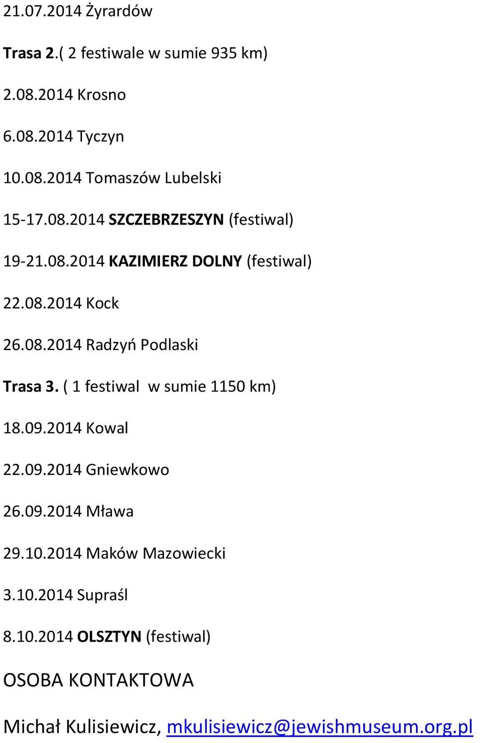 ( 1 festiwal w sumie 1150 km) 18.09.2014 Kowal 22.09.2014 Gniewkowo 26.09.2014 Mława 29.10.2014 Maków Mazowiecki 3.10.2014 Supraśl 8.