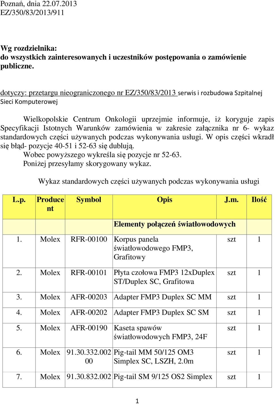 Warunków zamówienia w zakresie załącznika nr 6- wykaz standardowych części uŝywanych podczas wykonywania usługi. W opis części wkradł się błąd- pozycje 40-51 i 52-63 się dublują.