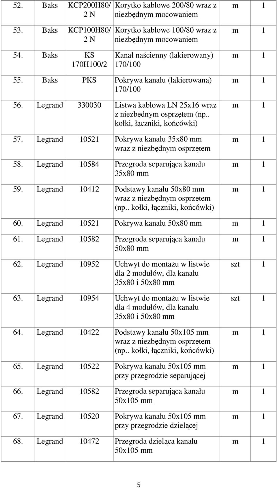 . kołki, łączniki, końcówki) 57. Legrand 10521 Pokrywa kanału 35x80 mm wraz z niezbędnym osprzętem 58. Legrand 10584 Przegroda separująca kanału 35x80 mm 59.