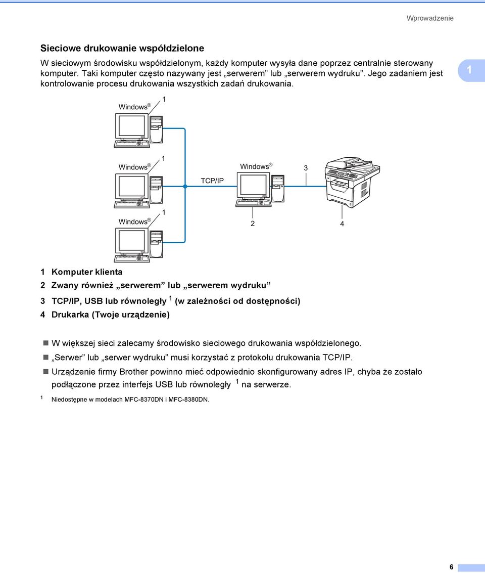 1 1 Komputer klienta 2 Zwany również serwerem lub serwerem wydruku 3 TCP/IP, USB lub równoległy 1 (w zależności od dostępności) 4 Drukarka (Twoje urządzenie) W większej sieci zalecamy środowisko