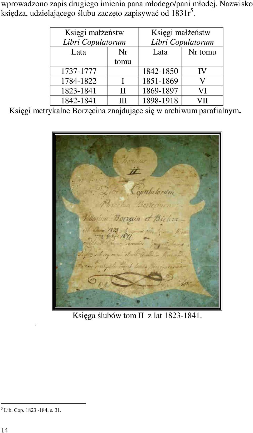 Księgi małŝeństw Libri Copulatorum Księgi małŝeństw Libri Copulatorum Lata Nr Lata Nr tomu tomu 1737-1777 1842-1850