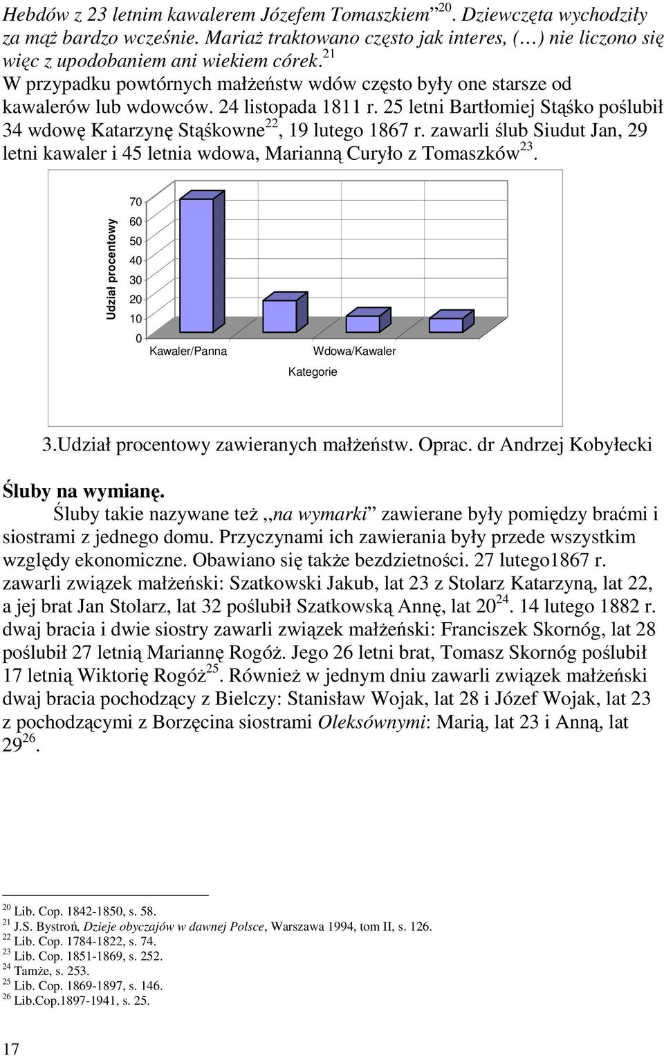 zawarli ślub Siudut Jan, 29 letni kawaler i 45 letnia wdowa, Marianną Curyło z Tomaszków 23. Udział procentowy 70 60 50 40 30 20 10 0 Kawaler/Panna Kategorie Wdowa/Kawaler 3.