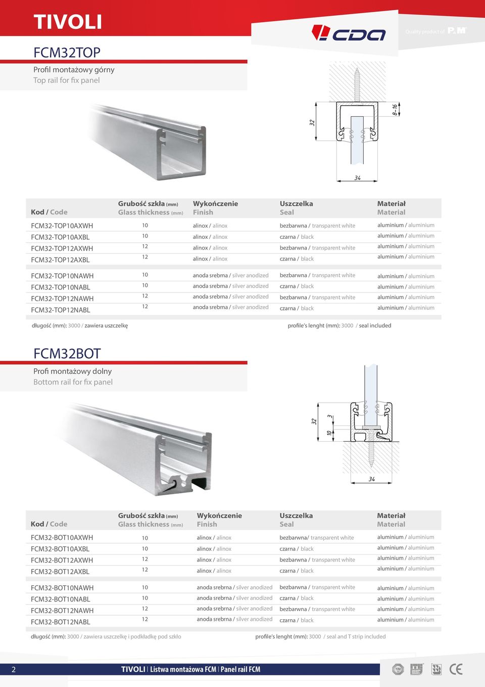 Bottom rail for fix panel 32 3 32-16 34 34 Uszczelka Seal Materiał Material FCM32-BOTAXWH FCM32-BOTAXBL FCM32-BOTAXWH FCM32-BOTAXBL bezbarwna/ transparent white FCM32-BOTNAWH