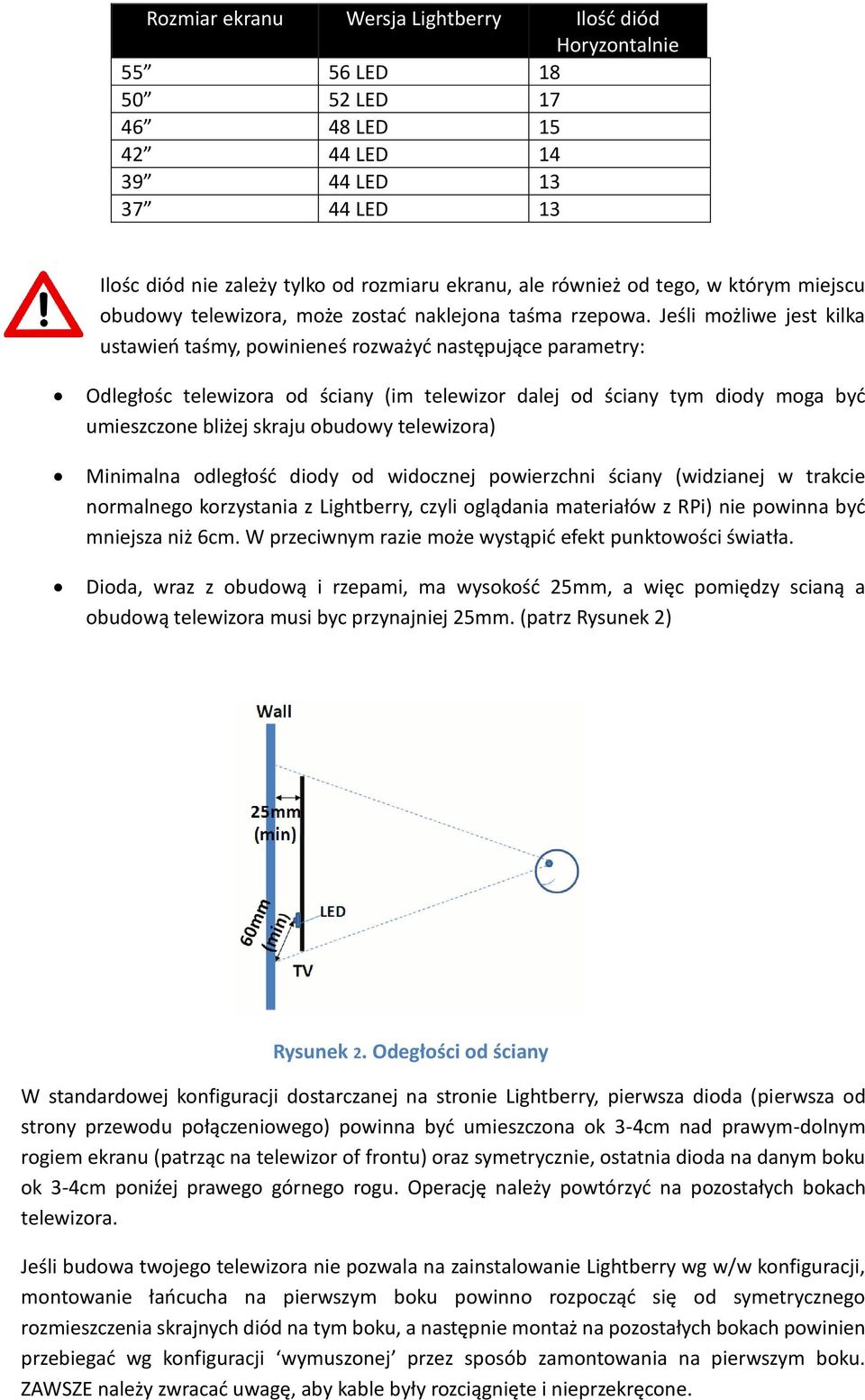 Jeśli możliwe jest kilka ustawień taśmy, powinieneś rozważyć następujące parametry: Odległośc telewizora od ściany (im telewizor dalej od ściany tym diody moga być umieszczone bliżej skraju obudowy