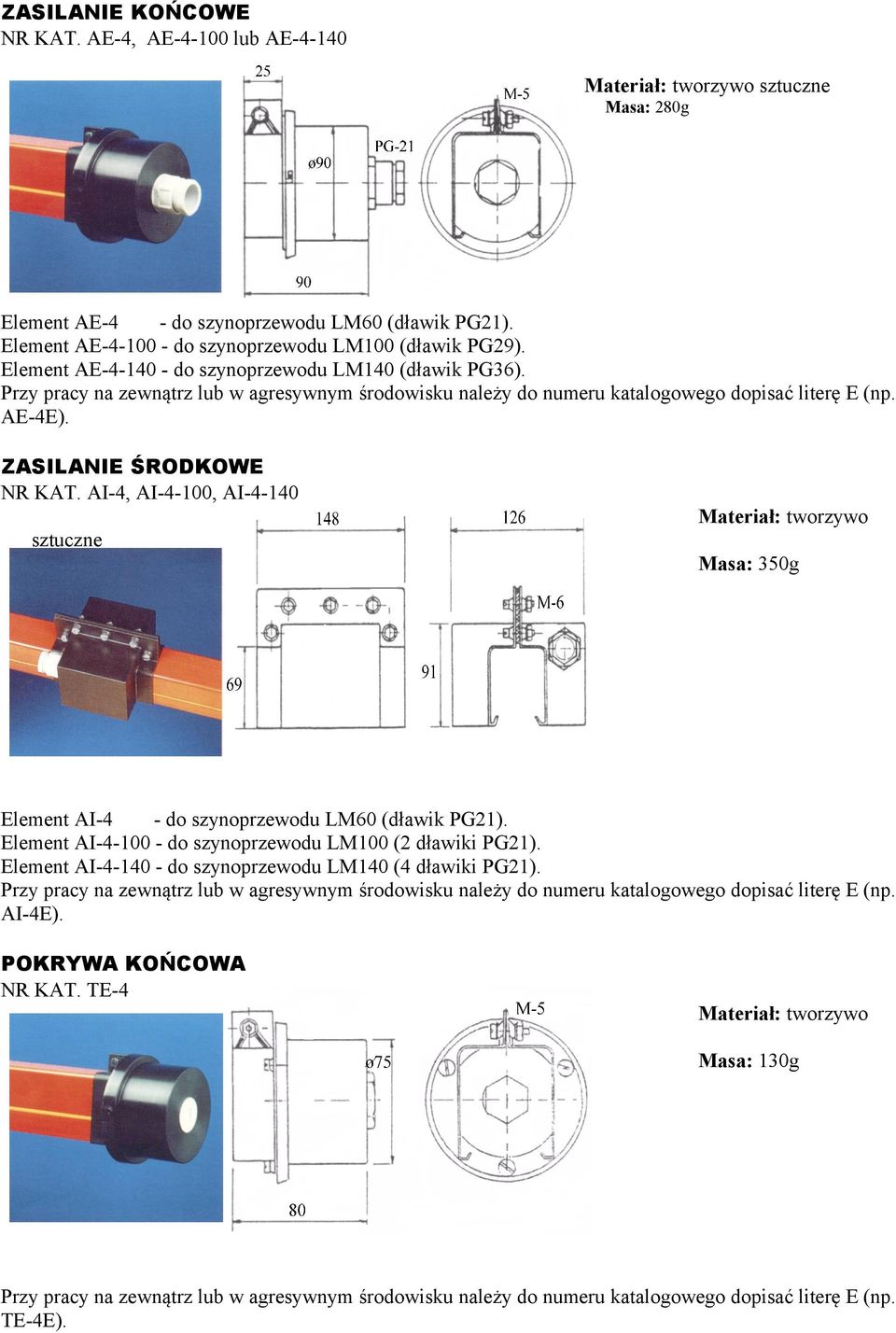 AI-4, AI-4-100, AI-4-140 Materiał: tworzywo sztuczne Masa: 350g Element AI-4 - do szynoprzewodu LM60 (dławik PG21).