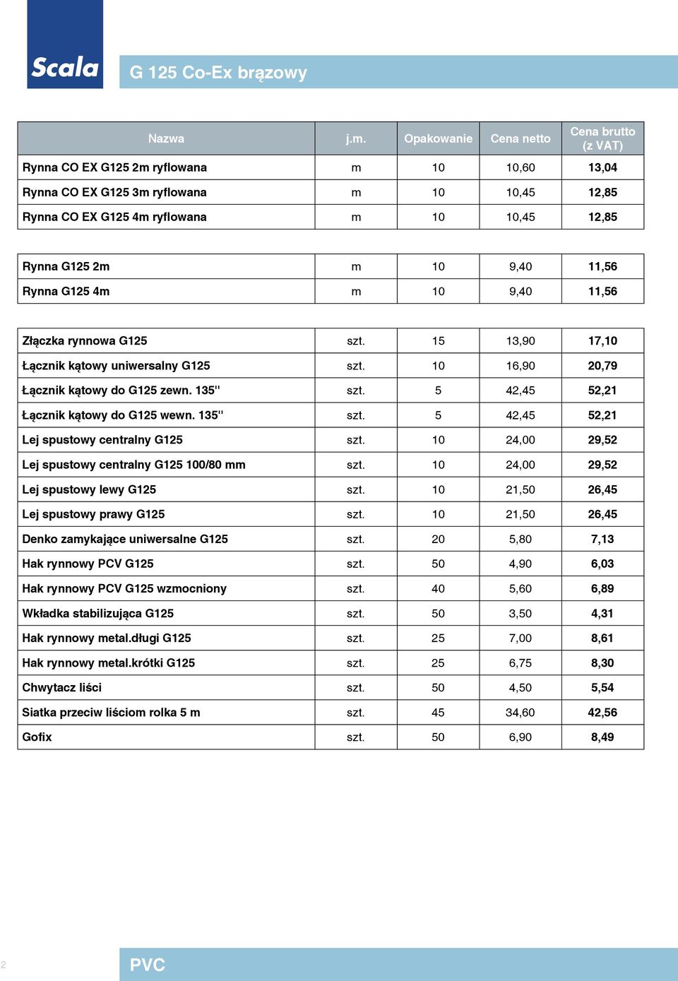 10 9,40 11,56 Złączka rynnowa G125 szt. 15 13,90 17,10 Łącznik kątowy uniwersalny G125 szt. 10 16,90 20,79 Łącznik kątowy do G125 zewn. 135'' szt. 5 42,45 52,21 Łącznik kątowy do G125 wewn. 135'' szt. 5 42,45 52,21 Lej spustowy centralny G125 szt.