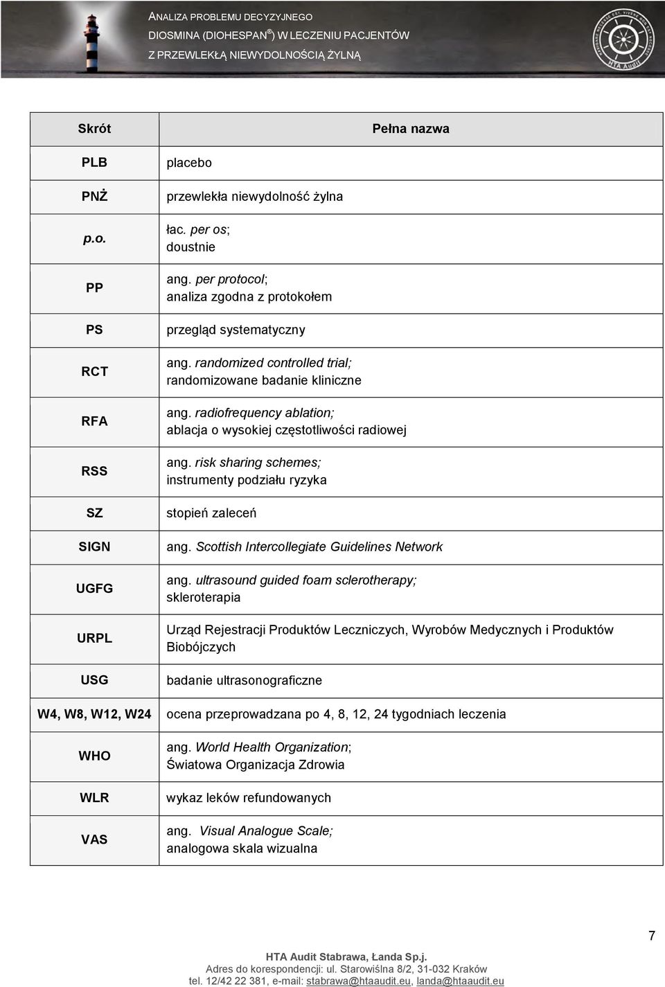 radiofrequency ablation; ablacja o wysokiej częstotliwości radiowej ang. risk sharing schemes; instrumenty podziału ryzyka stopień zaleceń ang. Scottish Intercollegiate Guidelines Network ang.