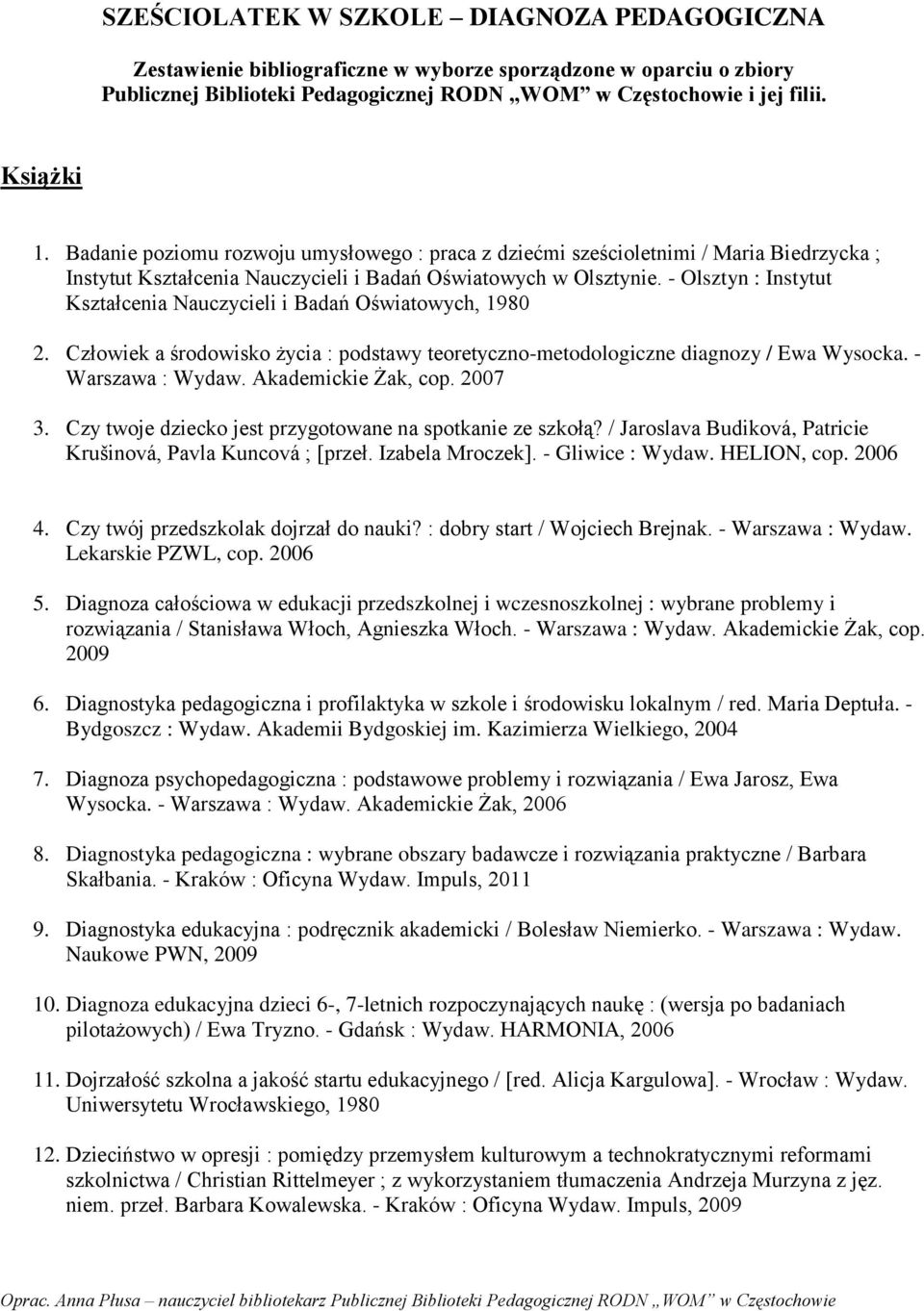 - Olsztyn : Instytut Kształcenia Nauczycieli i Badań Oświatowych, 1980 2. Człowiek a środowisko życia : podstawy teoretyczno-metodologiczne diagnozy / Ewa Wysocka. - Warszawa : Wydaw.