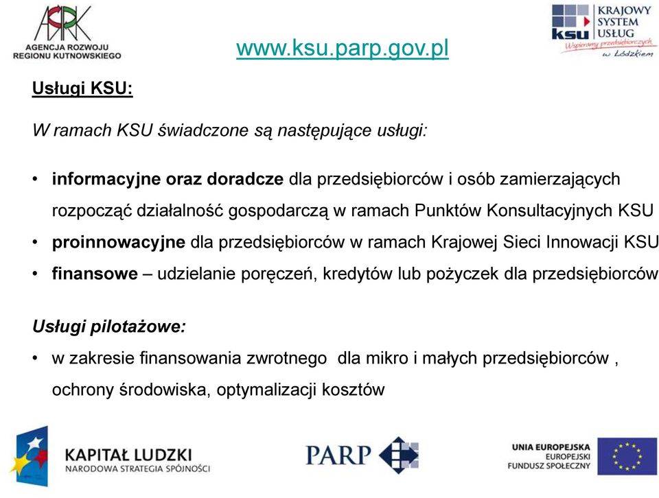 zamierzających rozpocząć działalność gospodarczą w ramach Punktów Konsultacyjnych KSU proinnowacyjne dla przedsiębiorców w