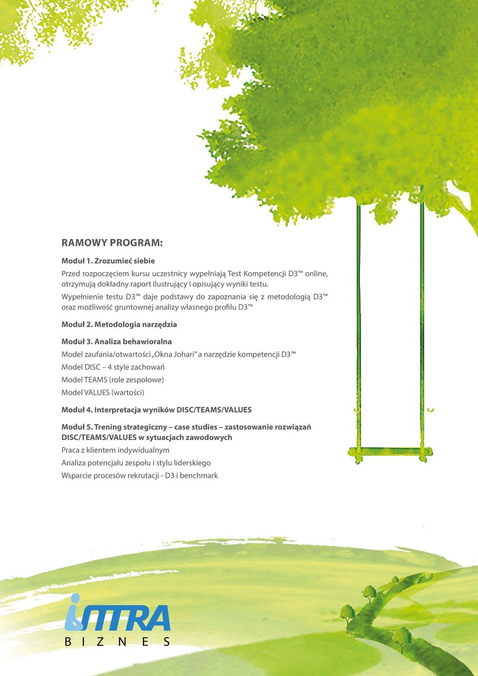 Analiza behawioralna Model zaufania/otwartości Okna Johari a narzędzie kompetencji D3 Model DISC 4 style zachowań Model TEAMS (role zespołowe) Model VALUES (wartości) Moduł 4.