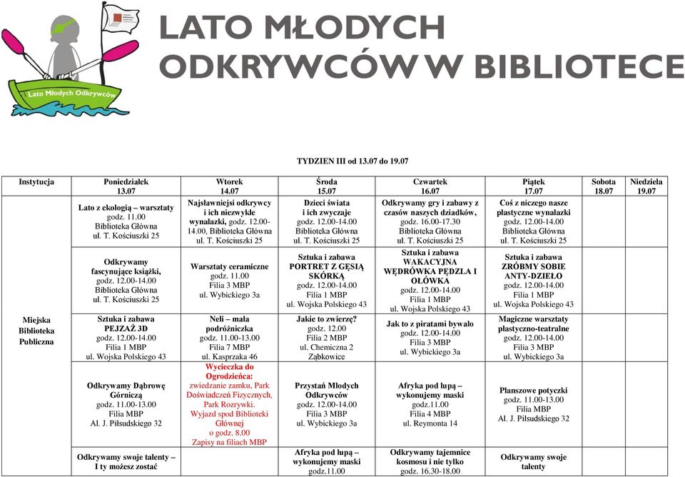 00 Zapisy na filiach MBP 15.07 Sztuka i zabawa PORTRET Z GĘSIĄ SKÓRKĄ Jakie to zwierzę? Przystań Młodych Odkrywców Afryka pod lupą wykonujemy maski 16.