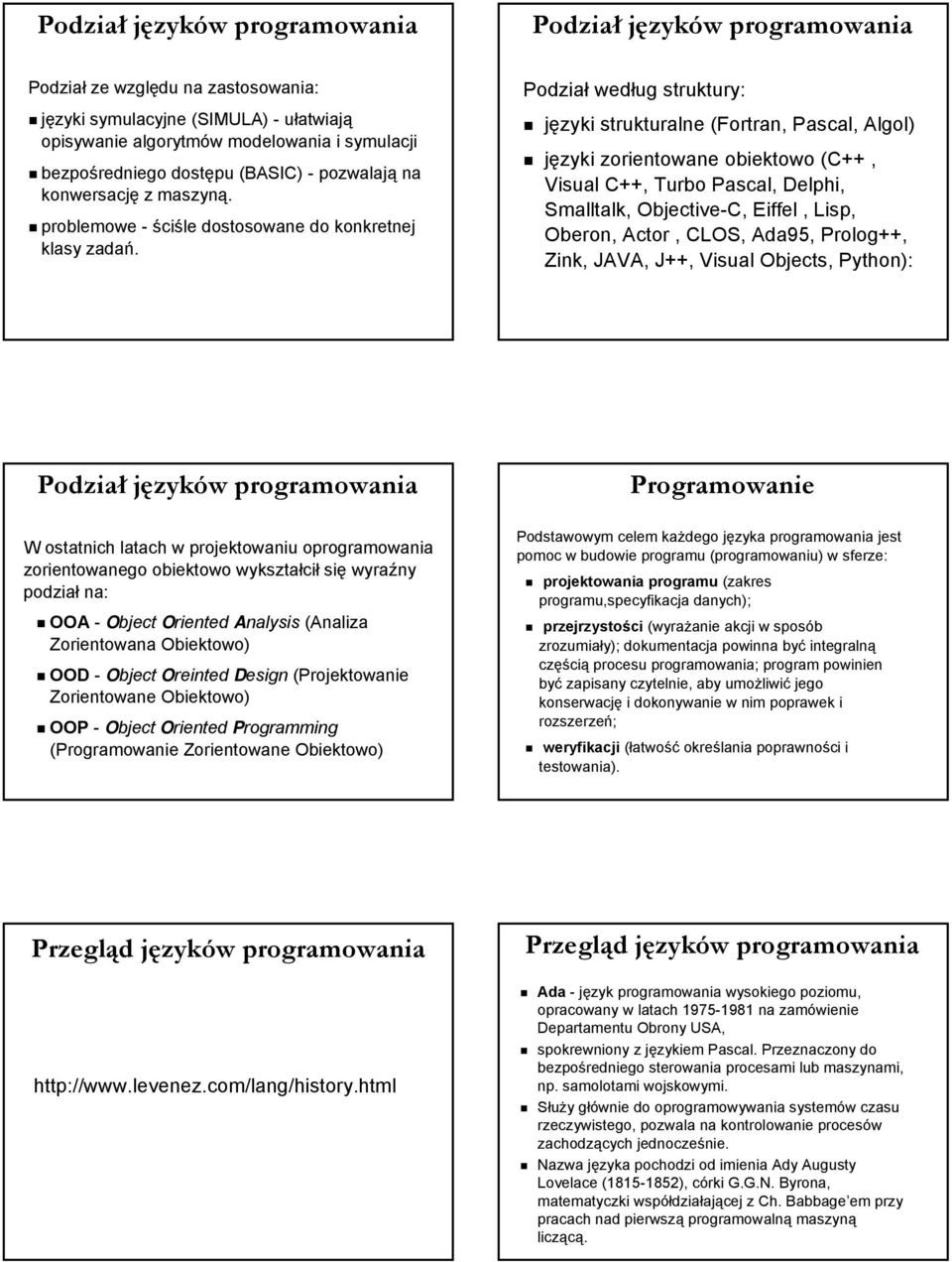 Podział według struktury: języki strukturalne (Fortran, Pascal, Algol) języki zorientowane obiektowo (C++, Visual C++, Turbo Pascal, Delphi, Smalltalk, Objective-C, Eiffel, Lisp, Oberon, Actor, CLOS,