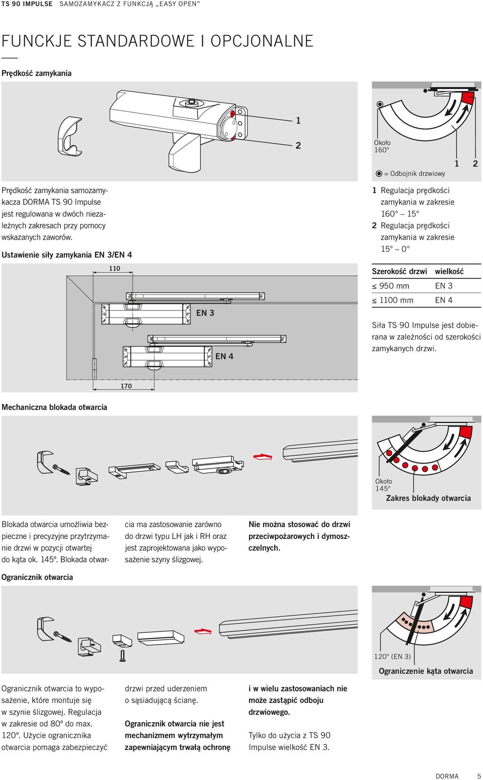 Ustawienie siły zamykania EN 3/EN 4 EN 3 EN 4 1 Regulacja prędkości zamykania w zakresie 160 15 2 Regulacja prędkości zamykania w zakresie 15 0 Szerokość drzwi wielkość 950 mm EN 3 0 mm EN 4 Siła TS