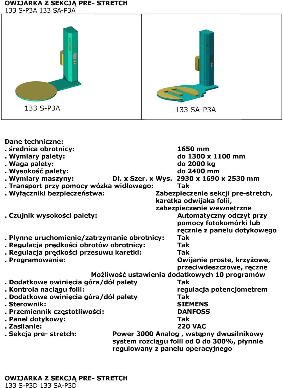 Wyłączniki bezpieczeństwa: Zabezpieczenie sekcji pre-stretch, karetka odwijaka folii, zabezpieczenie wewnętrzne. Zasilanie: 220 VAC.