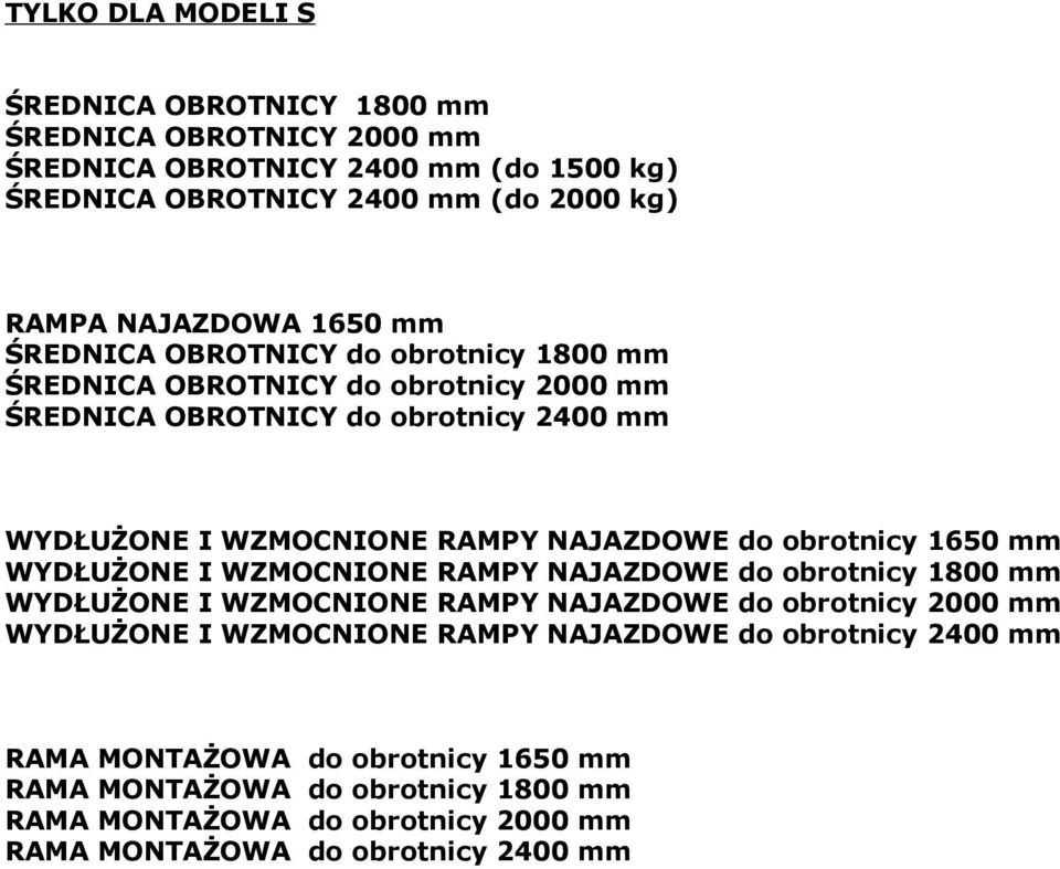 obrotnicy 1650 mm WYDŁUŻONE I WZMOCNIONE RAMPY NAJAZDOWE do obrotnicy 1800 mm WYDŁUŻONE I WZMOCNIONE RAMPY NAJAZDOWE do obrotnicy 2000 mm WYDŁUŻONE I WZMOCNIONE RAMPY