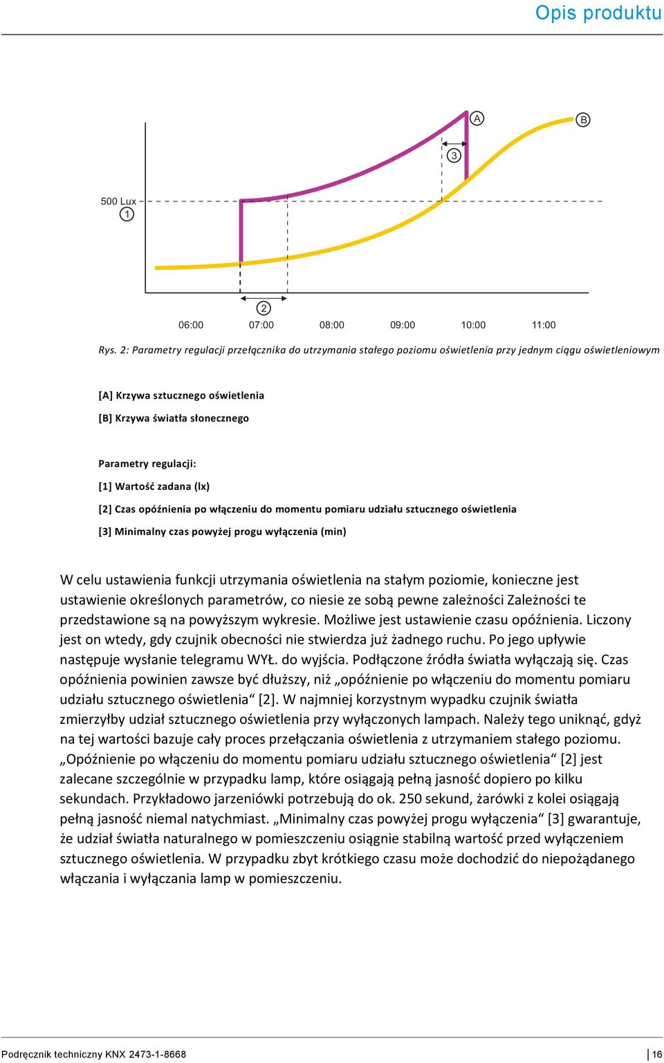 [1] Wartość zadana (lx) [2] Czas opóźnienia po włączeniu do momentu pomiaru udziału sztucznego oświetlenia [3] Minimalny czas powyżej progu wyłączenia (min) W celu ustawienia funkcji utrzymania