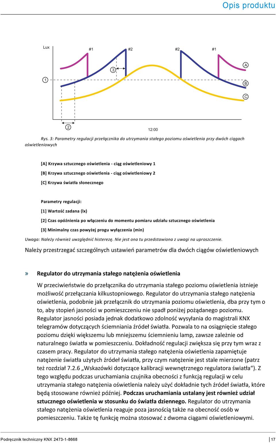 oświetlenia - ciąg oświetleniowy 2 [C] Krzywa światła słonecznego Parametry regulacji: [1] Wartość zadana (lx) [2] Czas opóźnienia po włączeniu do momentu pomiaru udziału sztucznego oświetlenia [3]