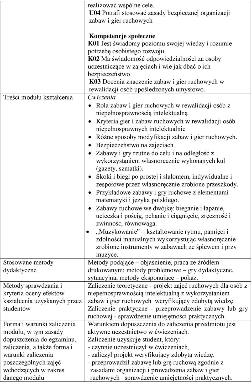 warunki zaliczenia modułu, w tym zasady dopuszczenia do egzaminu, zaliczenia, a także forma i warunki zaliczenia poszczególnych zajęć wchodzących w zakres danego modułu Kompetencje społeczne K01 Jest