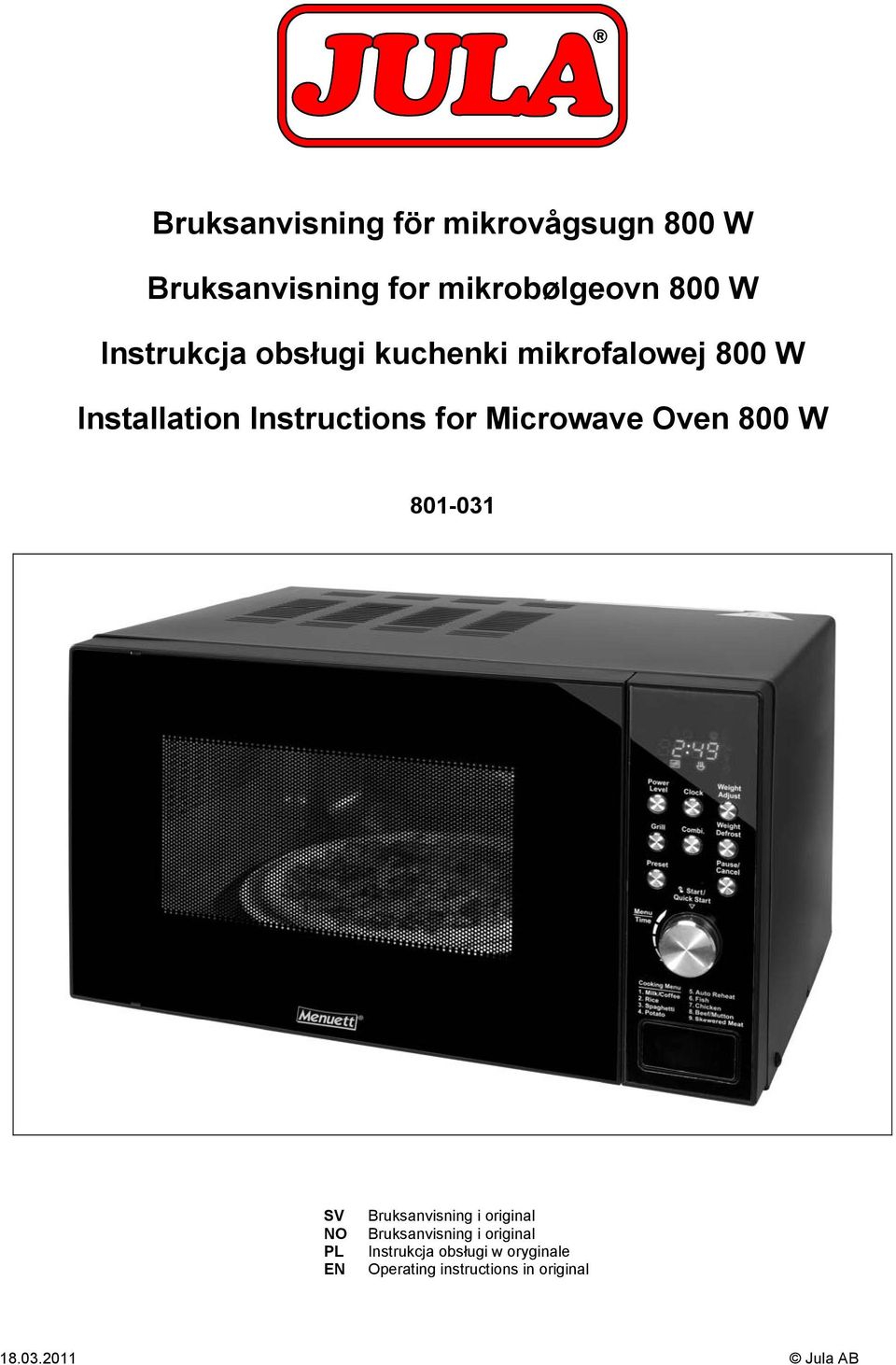 Microwave Oven 800 W 801-031 SV NO PL EN Bruksanvisning i original Bruksanvisning