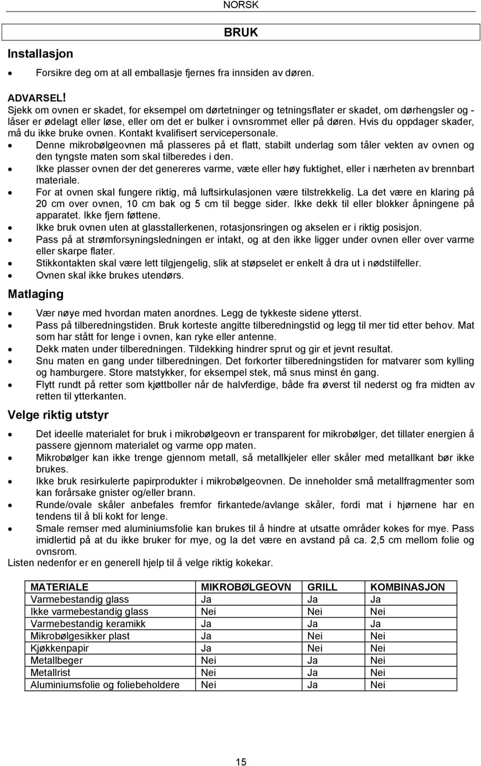 Hvis du oppdager skader, må du ikke bruke ovnen. Kontakt kvalifisert servicepersonale.