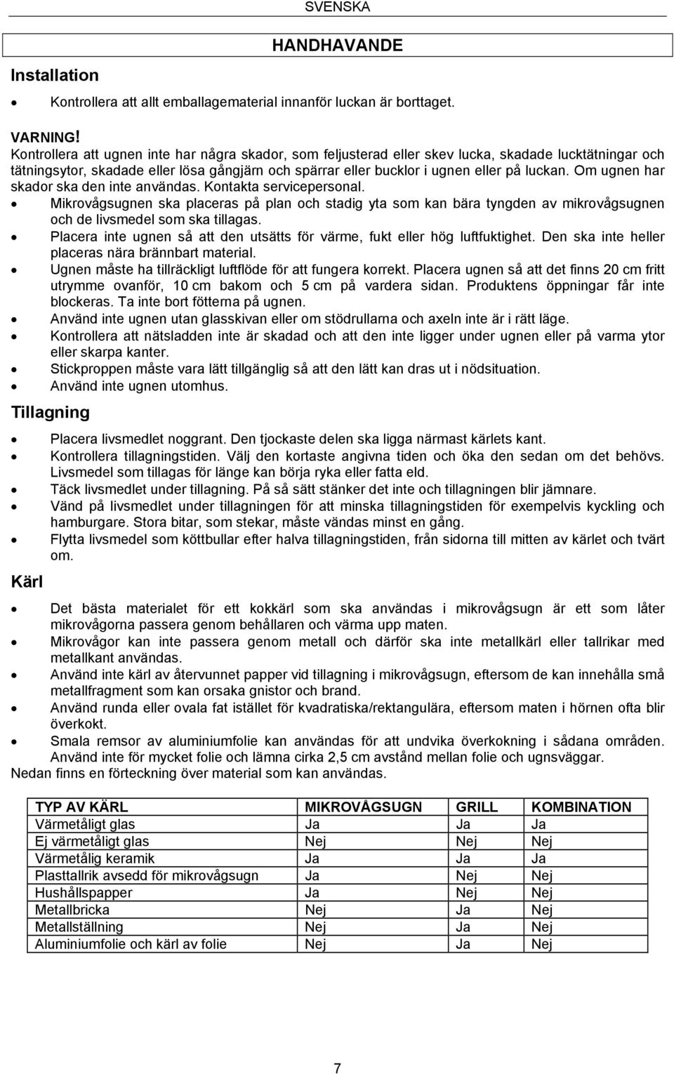 Om ugnen har skador ska den inte användas. Kontakta servicepersonal. Mikrovågsugnen ska placeras på plan och stadig yta som kan bära tyngden av mikrovågsugnen och de livsmedel som ska tillagas.