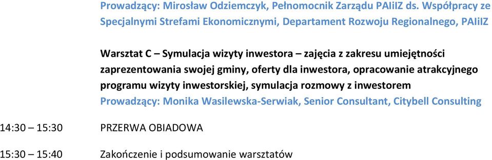 zajęcia z zakresu umiejętności zaprezentowania swojej gminy, oferty dla inwestora, opracowanie atrakcyjnego programu wizyty