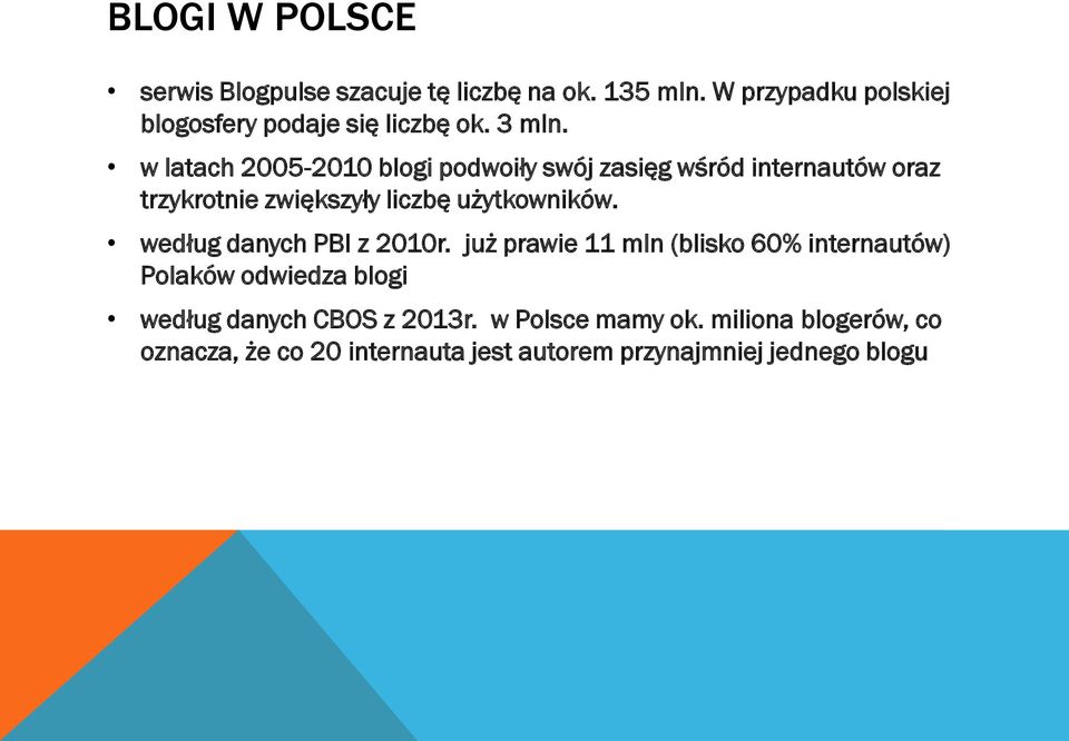 w latach 2005-2010 blogi podwoiły swój zasięg wśród internautów oraz trzykrotnie zwiększyły liczbę użytkowników.