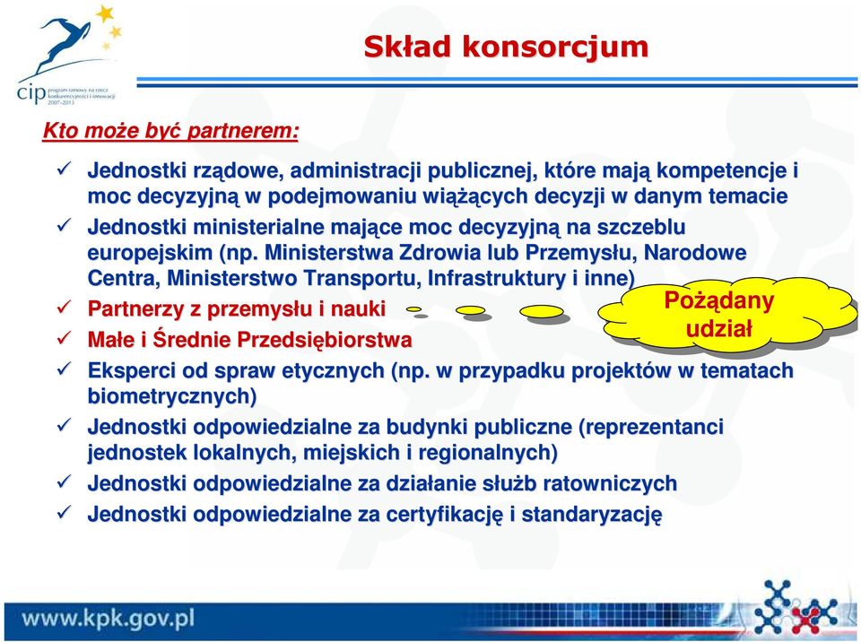 Ministerstwa Zdrowia lub Przemysłu, Narodowe Centra, Ministerstwo Transportu, Infrastruktury i inne) Partnerzy z przemysłu i nauki PoŜądany Małe i Średnie Przedsiębiorstwa udział