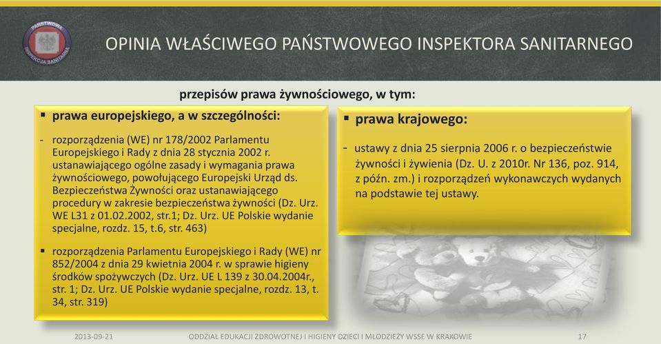 Bezpieczeństwa Żywności oraz ustanawiającego procedury w zakresie bezpieczeństwa żywności (Dz. Urz. WE L31 z 01.02.2002, str.1; Dz. Urz. UE Polskie wydanie specjalne, rozdz. 15, t.6, str.