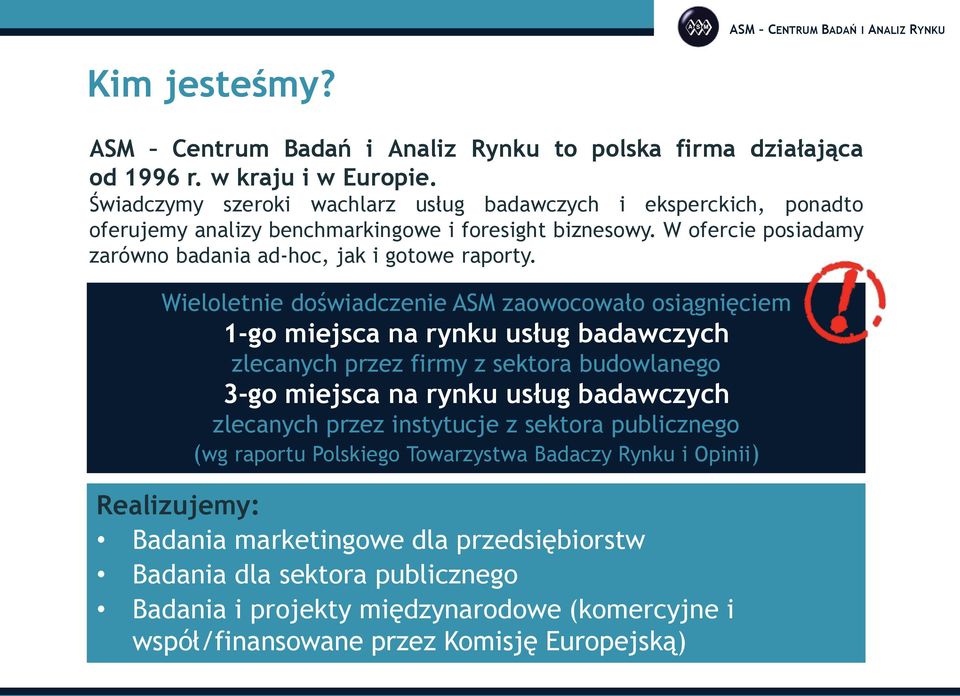 Wieloletnie doświadczenie ASM zaowocowało osiągnięciem 1-go miejsca na rynku usług badawczych zlecanych przez firmy z sektora budowlanego 3-go miejsca na rynku usług badawczych zlecanych