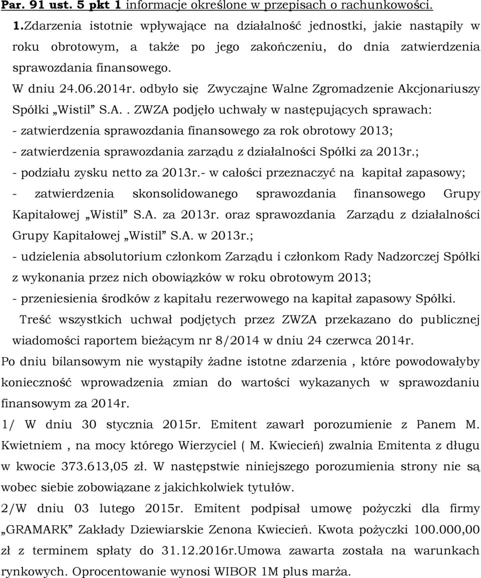 cjonariuszy Spółki Wistil S.A.