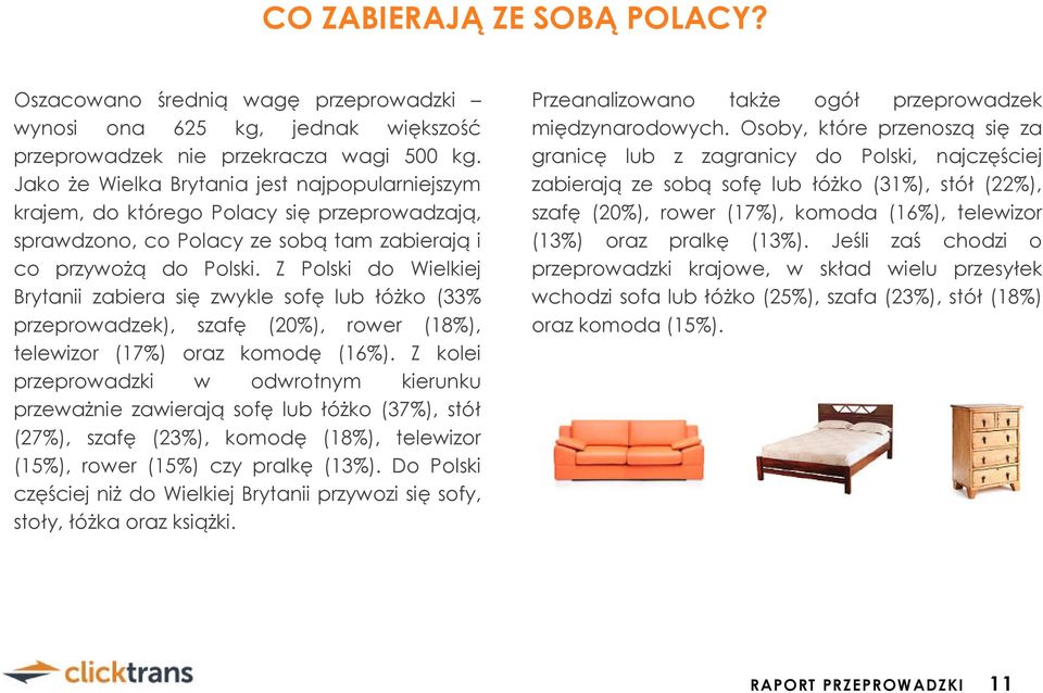 Z Polski do Wielkiej Brytanii zabiera się zwykle sofę lub łóŝko (33% przeprowadzek), szafę (20%), rower (18%), telewizor (17%) oraz komodę (16%).