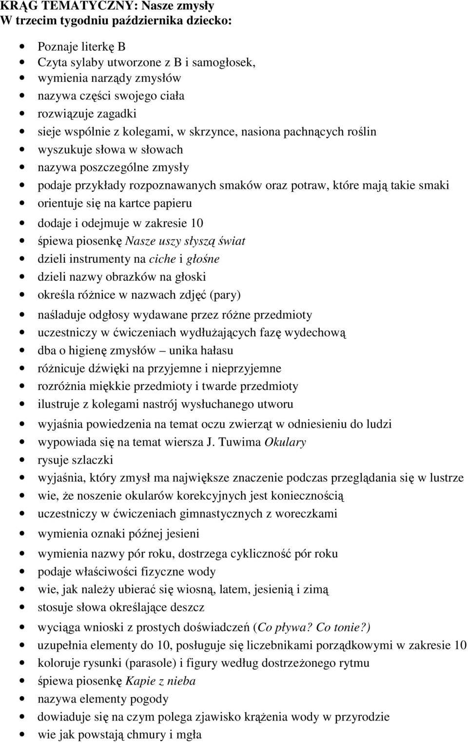 smaki orientuje się na kartce papieru dodaje i odejmuje w zakresie 10 śpiewa piosenkę Nasze uszy słyszą świat dzieli instrumenty na ciche i głośne dzieli nazwy obrazków na głoski określa różnice w