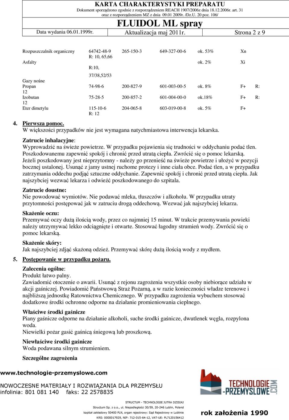 5% F+ R: 12 4. Pierwsza pomoc. W większości przypadków nie jest wymagana natychmiastowa interwencja lekarska. Zatrucie inhalacyjne: Wyprowadzić na świeże powietrze.