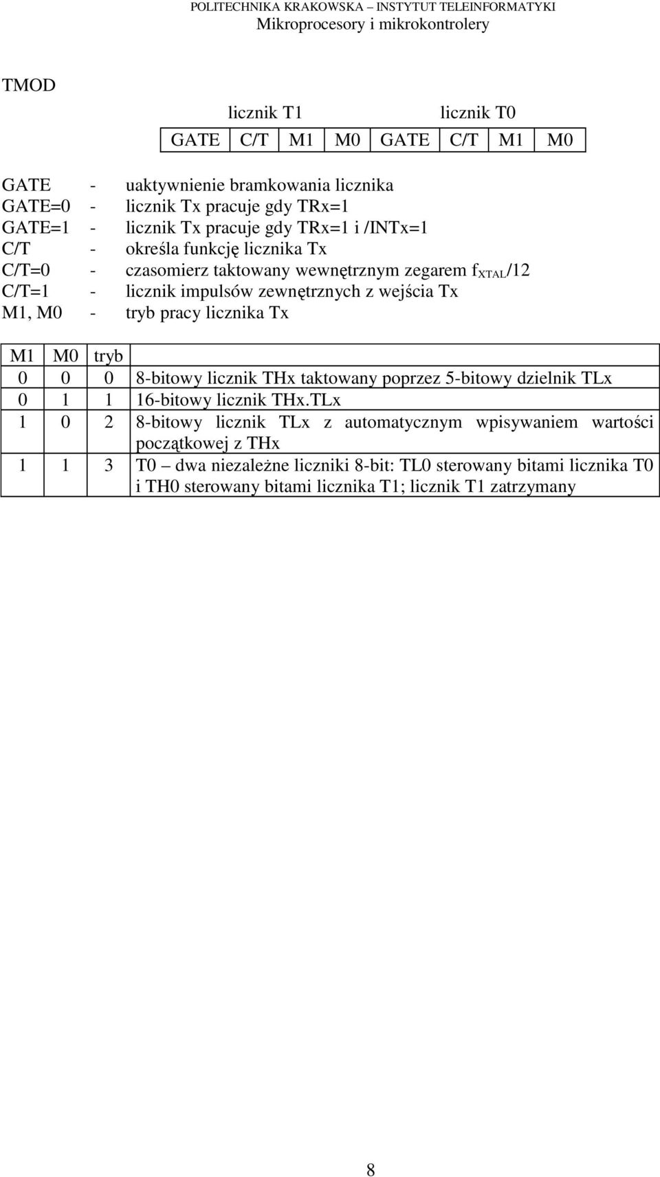 tryb pracy licznika Tx M1 M0 tryb 0 0 0 8-bitowy licznik THx taktowany poprzez 5-bitowy dzielnik TLx 0 1 1 16-bitowy licznik THxTLx 1 0 2 8-bitowy licznik TLx z