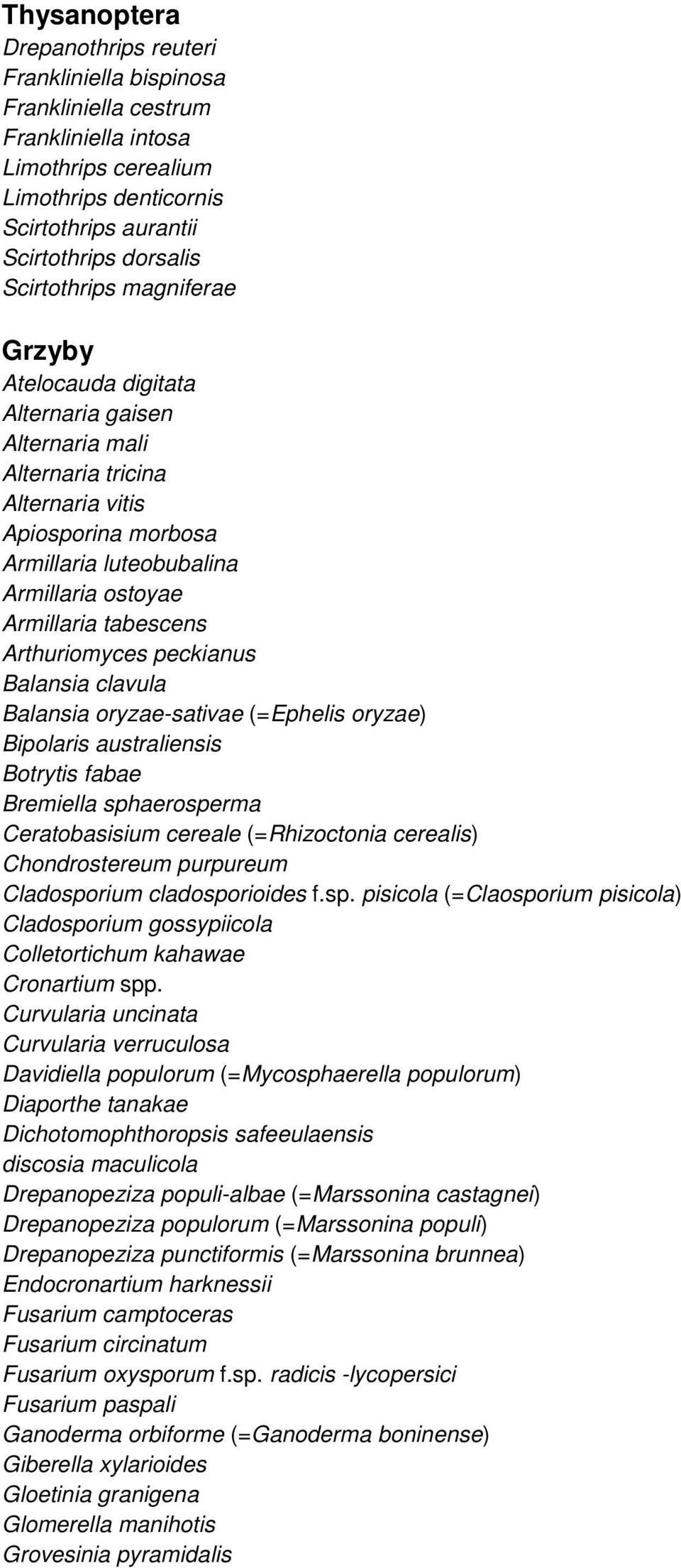 tabescens Arthuriomyces peckianus Balansia clavula Balansia oryzae-sativae (=Ephelis oryzae) Bipolaris australiensis Botrytis fabae Bremiella sphaerosperma Ceratobasisium cereale (=Rhizoctonia