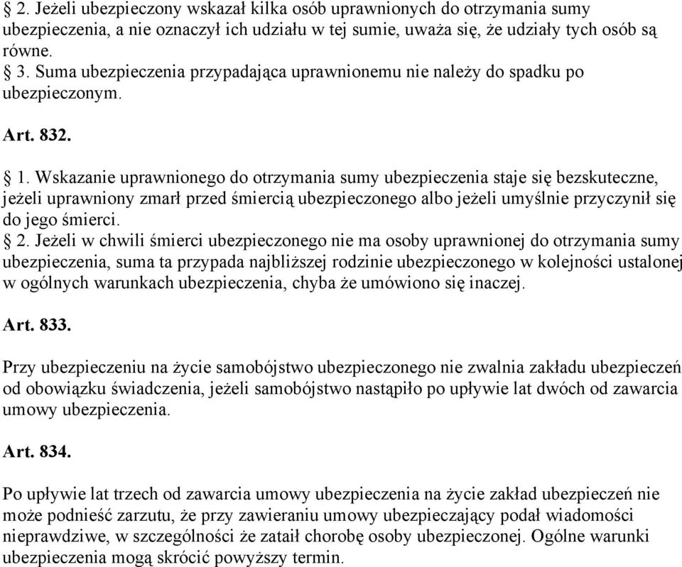 Wskazanie uprawnionego do otrzymania sumy ubezpieczenia staje się bezskuteczne, jeżeli uprawniony zmarł przed śmiercią ubezpieczonego albo jeżeli umyślnie przyczynił się do jego śmierci. 2.