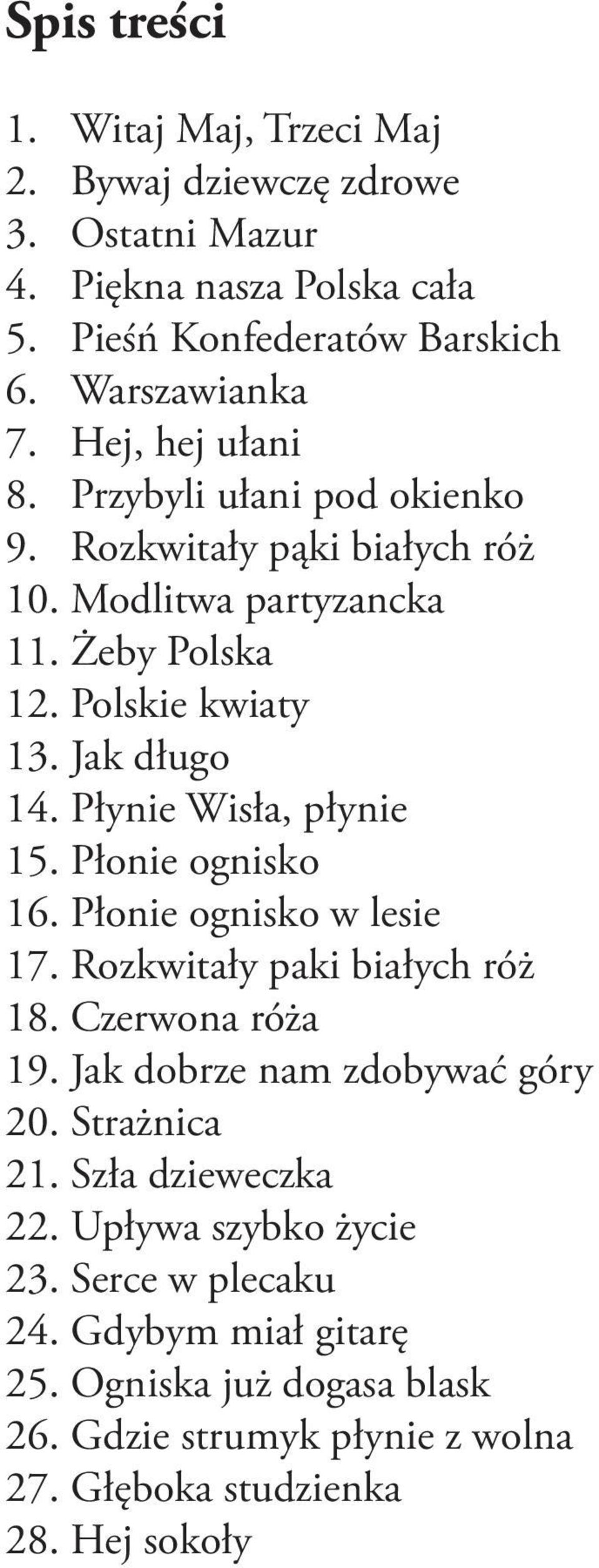 Płynie Wisła, płynie 15. Płonie ognisko 16. Płonie ognisko w lesie 17. Rozkwitały paki białych róż 18. Czerwona róża 19. Jak dobrze nam zdobywać góry 20.