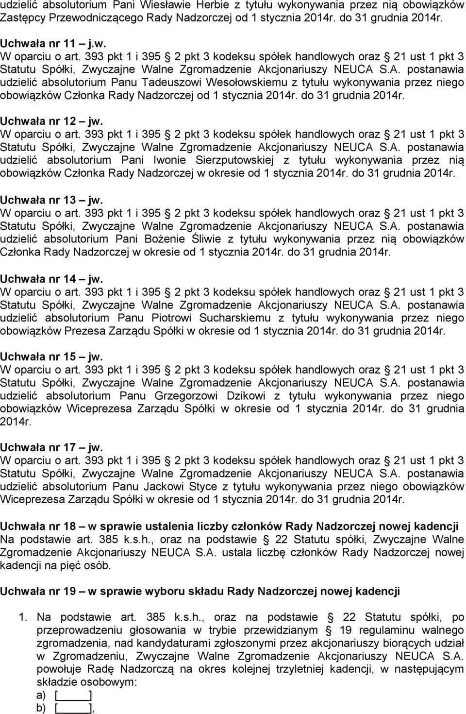 udzielić absolutorium Pani Iwonie Sierzputowskiej z tytułu wykonywania przez nią obowiązków Członka Rady Nadzorczej w okresie od 1 stycznia do 31 grudnia Uchwała nr 13 jw.