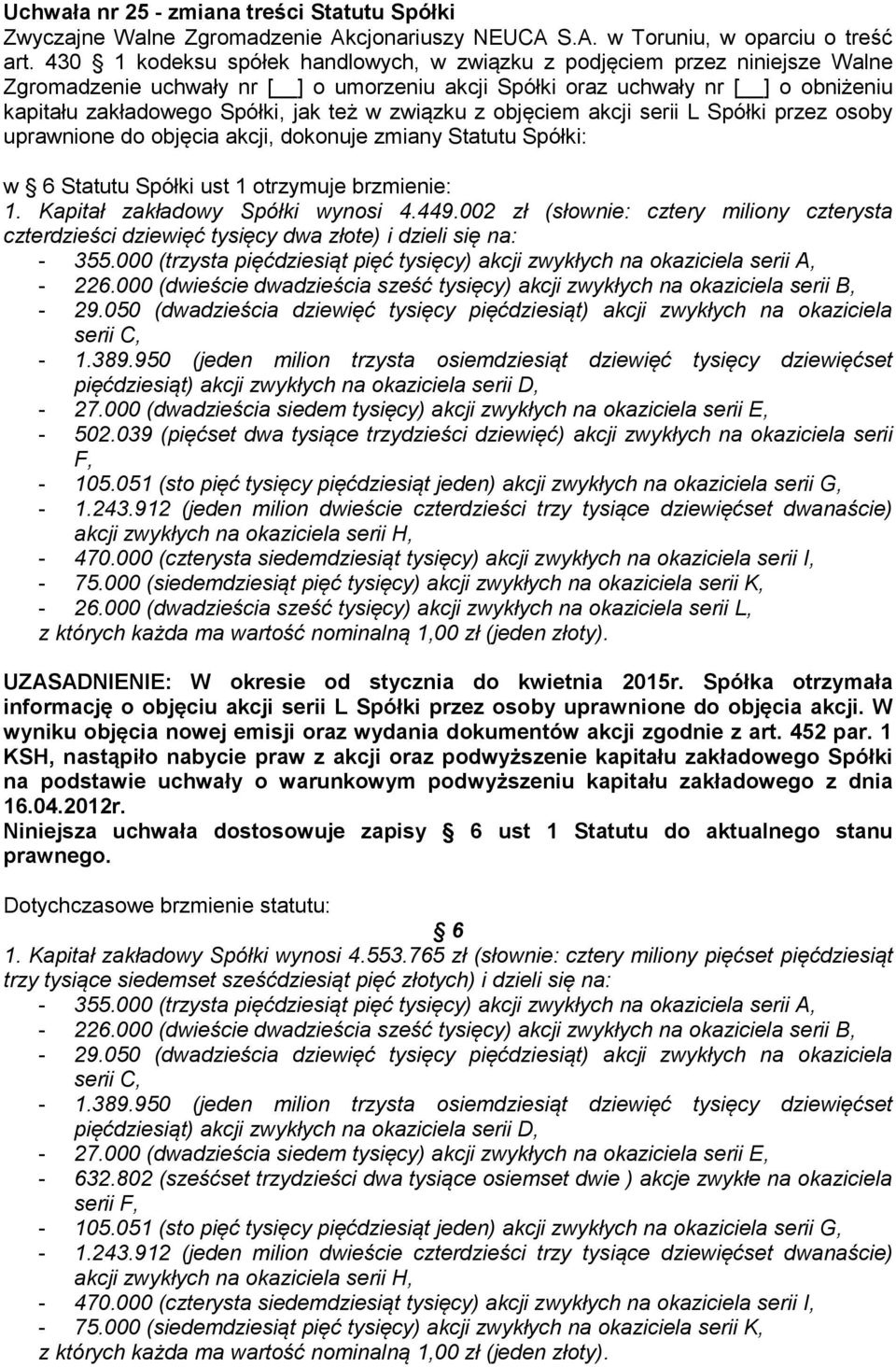 w związku z objęciem akcji serii L Spółki przez osoby uprawnione do objęcia akcji, dokonuje zmiany Statutu Spółki: w 6 Statutu Spółki ust 1 otrzymuje brzmienie: 1. Kapitał zakładowy Spółki wynosi 4.