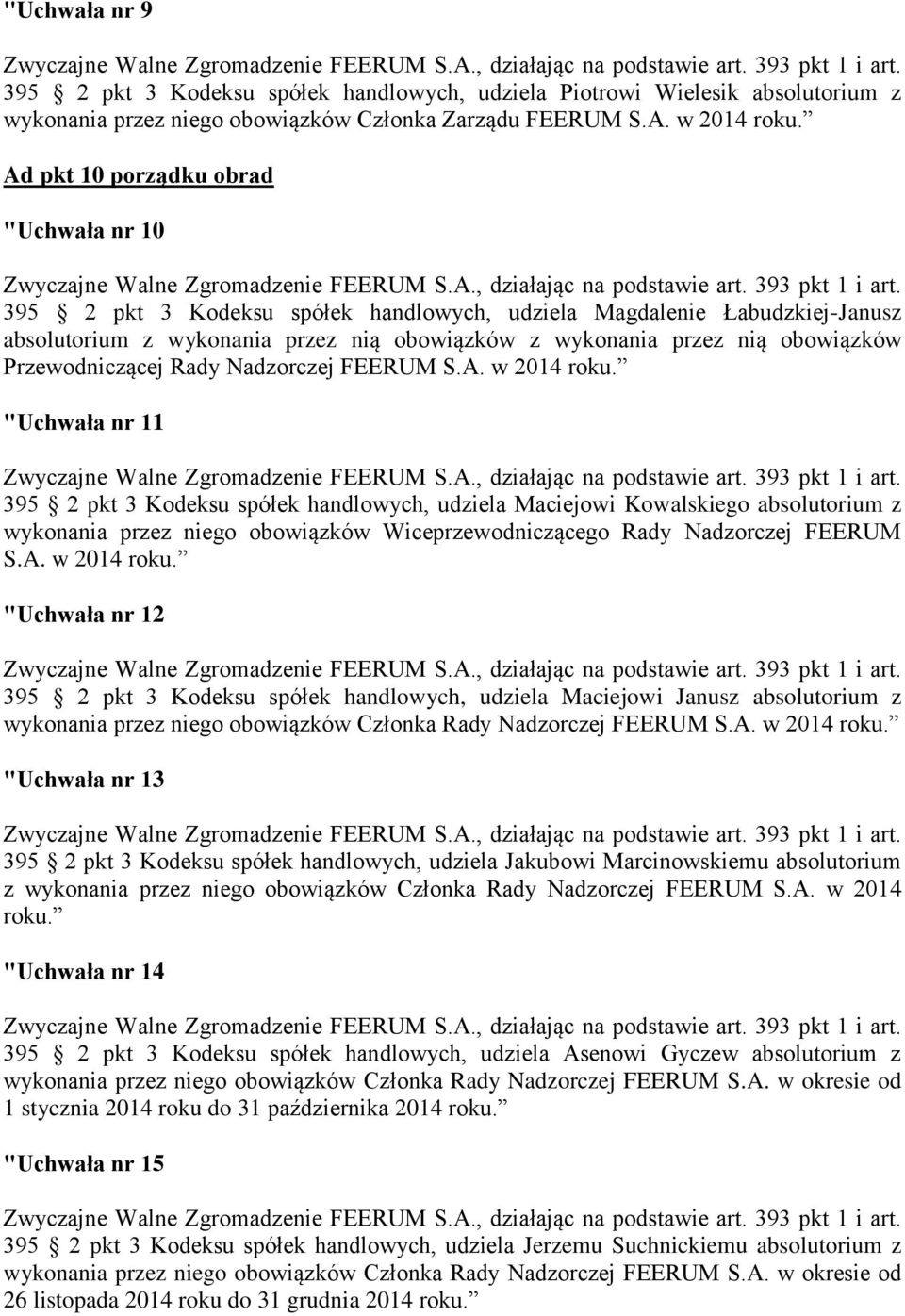 Przewodniczącej Rady Nadzorczej FEERUM S.A. w 2014 roku.