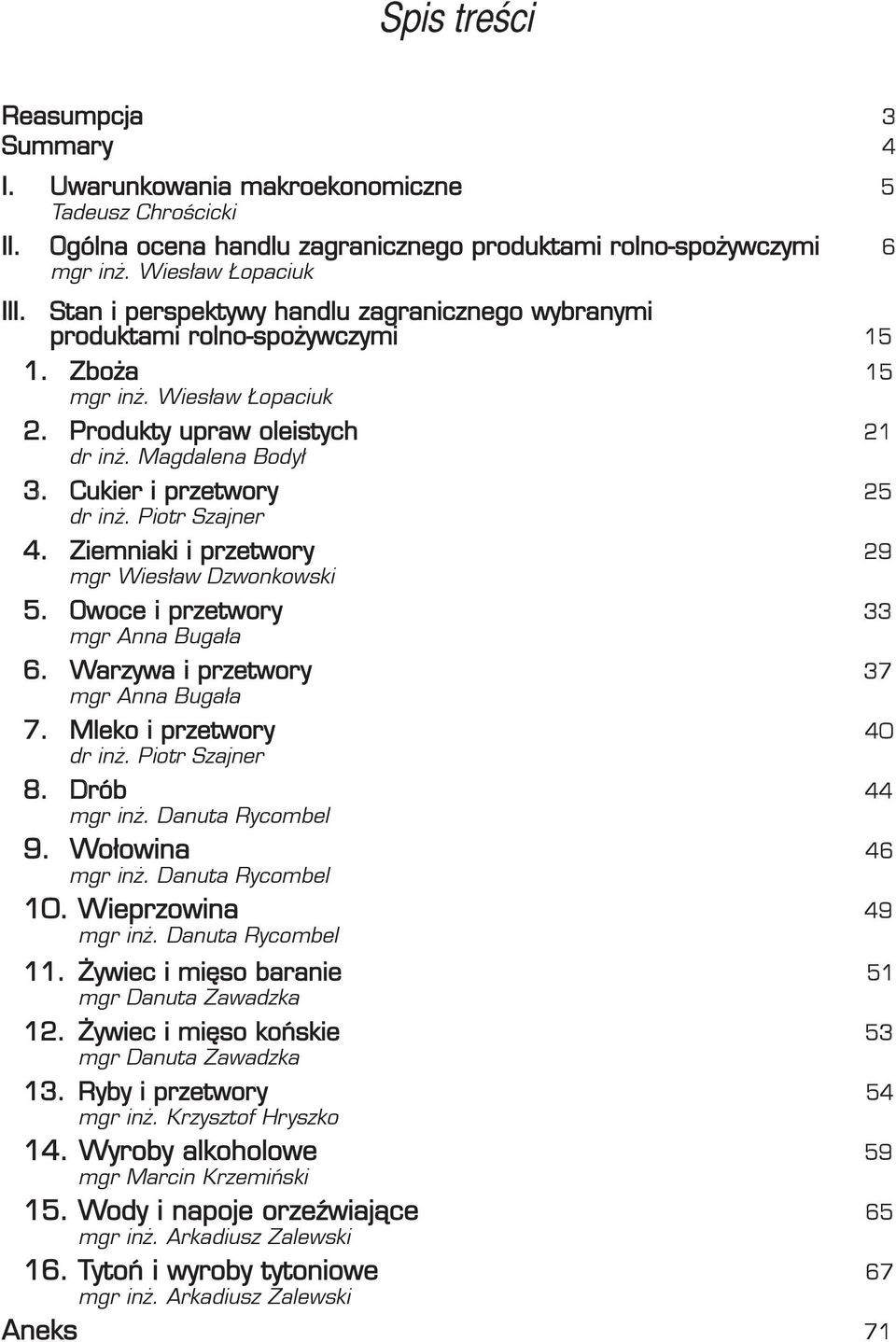 Cukier i przetwory 25 dr inż. Piotr Szajner 4. Ziemniaki i przetwory 29 mgr Wiesław Dzwonkowski 5. Owoce i przetwory 33 mgr Anna Bugała 6. Warzywa i przetwory 37 mgr Anna Bugała 7.