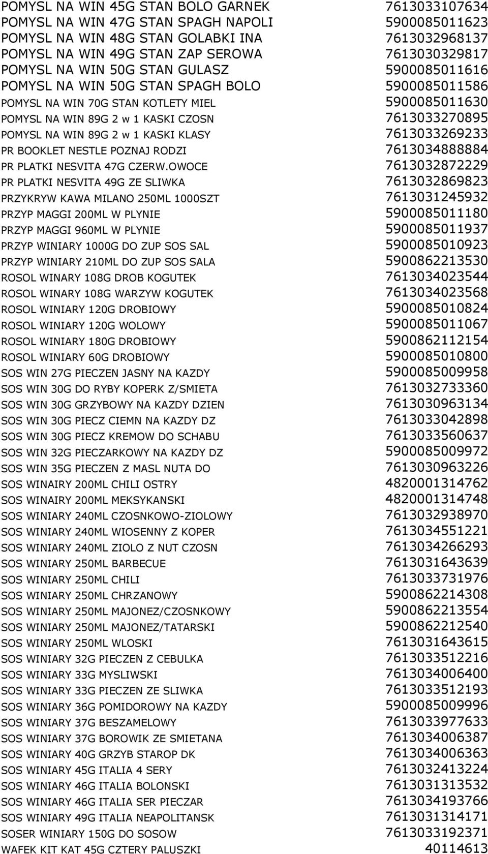 NA WIN 89G 2 w 1 KASKI KLASY 7613033269233 PR BOOKLET NESTLE POZNAJ RODZI 7613034888884 PR PLATKI NESVITA 47G CZERW.