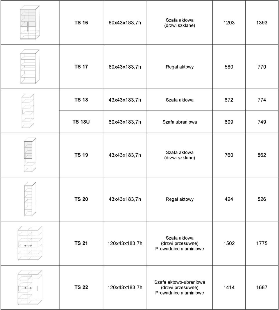 (drzwi szklane) 760 862 TS 20 43x43x183,7h Regał aktowy 424 526 TS 21 120x43x183,7h Szafa aktowa (drzwi