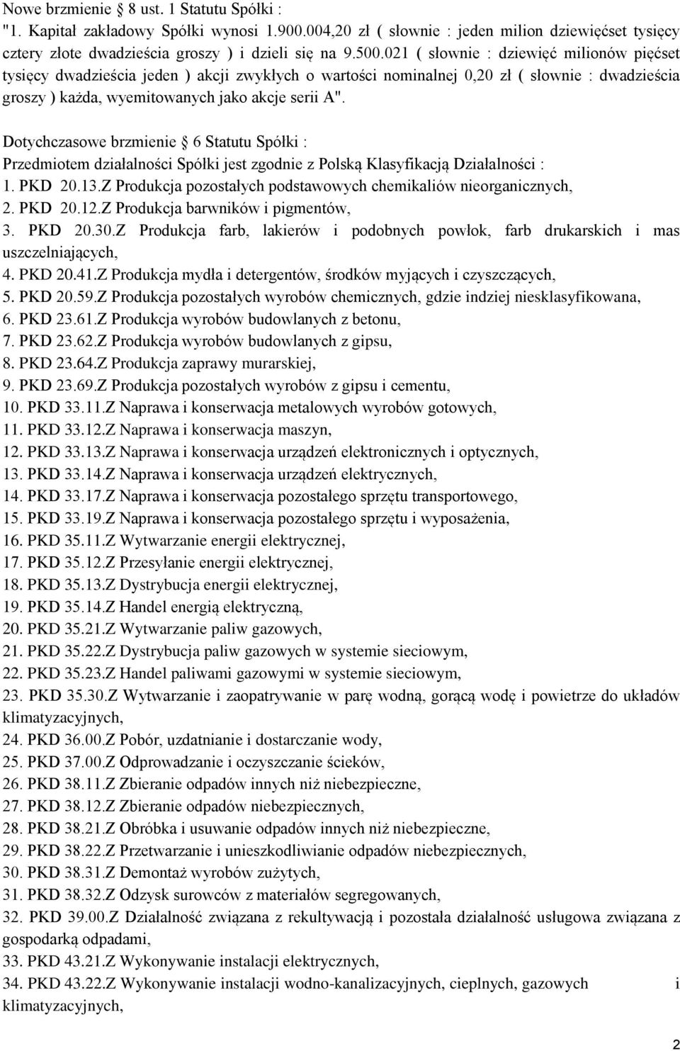 Dotychczasowe brzmienie 6 Statutu Spółki : Przedmiotem działalności Spółki jest zgodnie z Polską Klasyfikacją Działalności : 1. PKD 20.13.